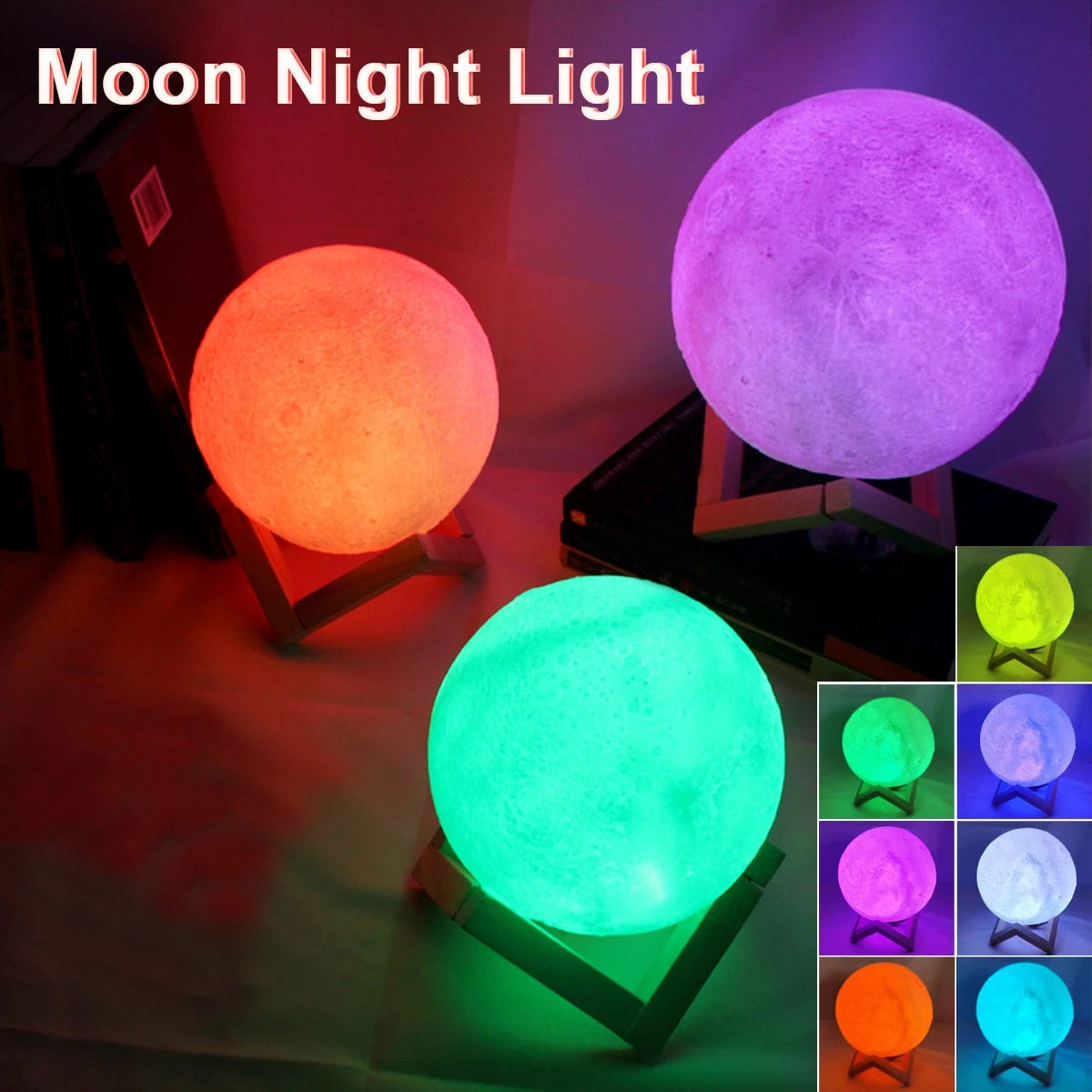 Lámpara de noche en forma de luna con base de madera – 8 cm